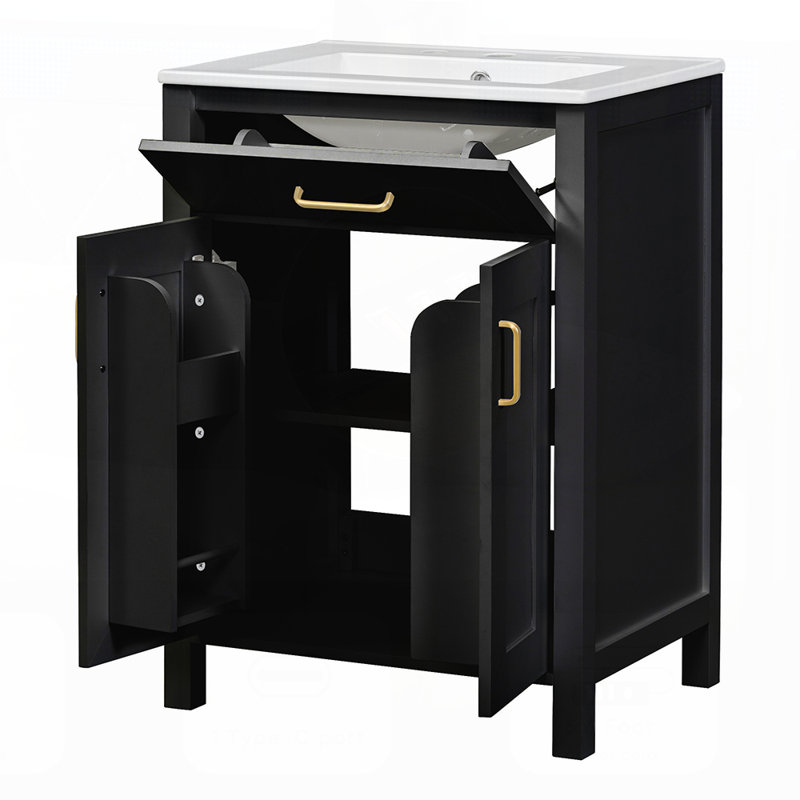 Ensemble de meuble-lavabo de 24 pouces avec lavabo en céramique, conception luxueuse peu encombrante et portes à fermeture en douceur