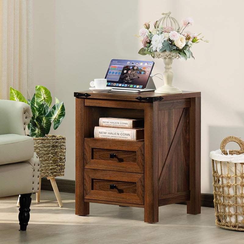 Table de chevet avec station de charge, 2 tiroirs et tablette ouverte Georden