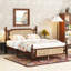Grand lit en bois de pin avec tête et pied de lit en rotin, avec plateforme de lit rehaussée centrale, noyer-303878802-303878804
