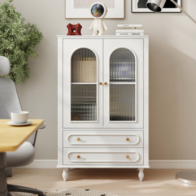 Vitrine en verre avec portes en verre nervuré, armoire vitrée avec 2 tiroirs et tablette réglable, armoire autoportante