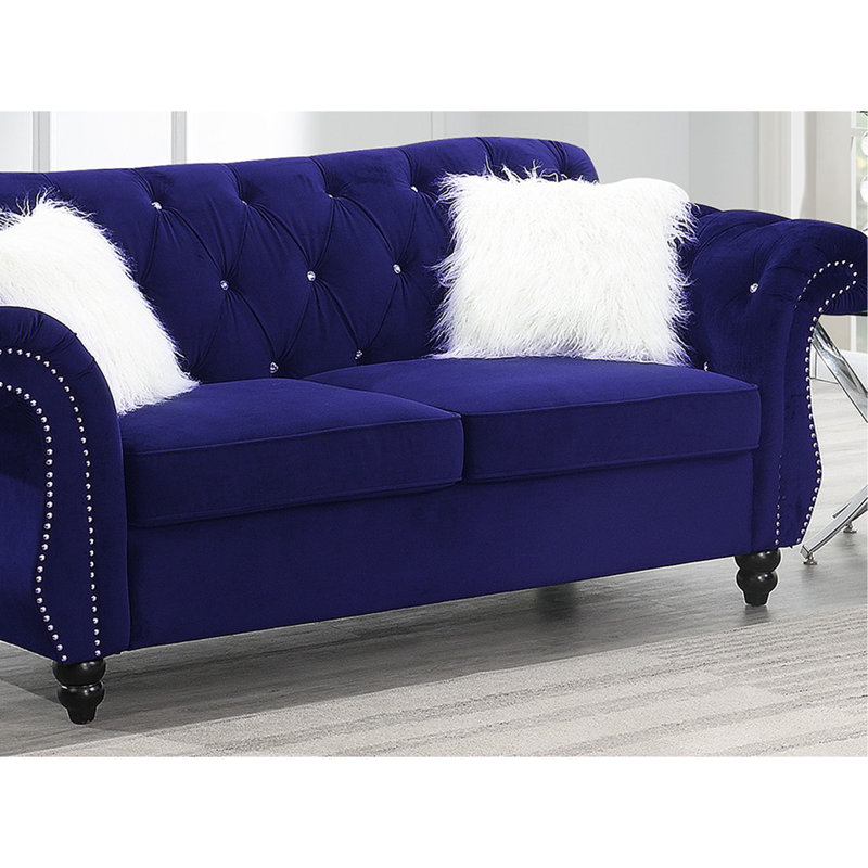 Ensemble de canapé 2 pièces Meuble de salon en velours indigo rembourré Causeuse en cristal, Indigo