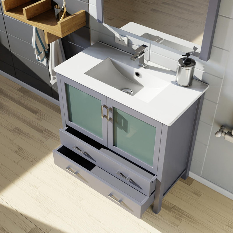 Ensemble de meuble-lavabo avec comptoir en céramique blanche et robinet, Gris foncé