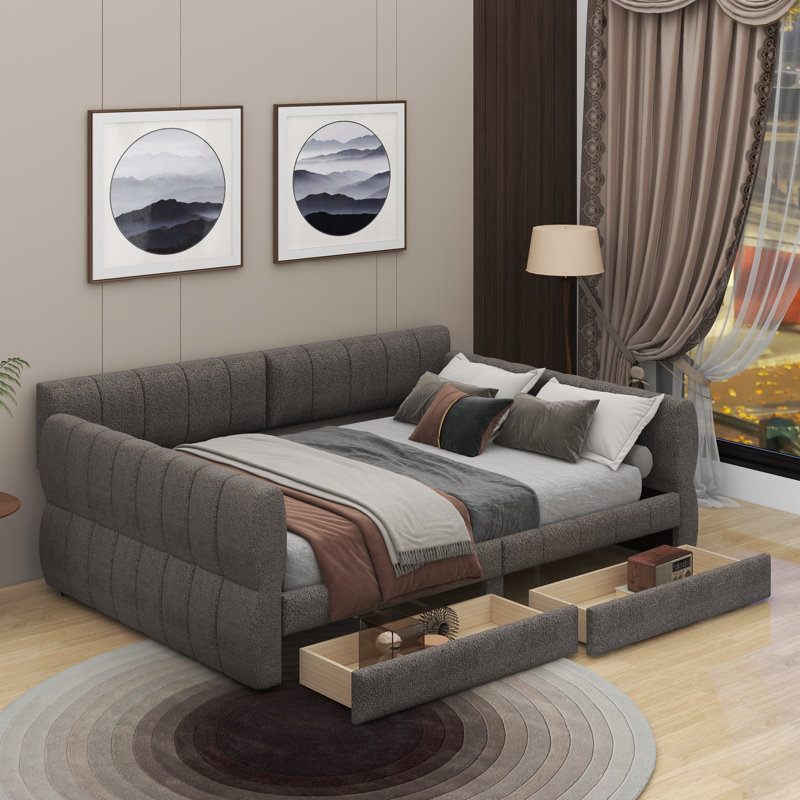 Grand lit plateforme tapissier avec port USB et 2 tiroirs, gris