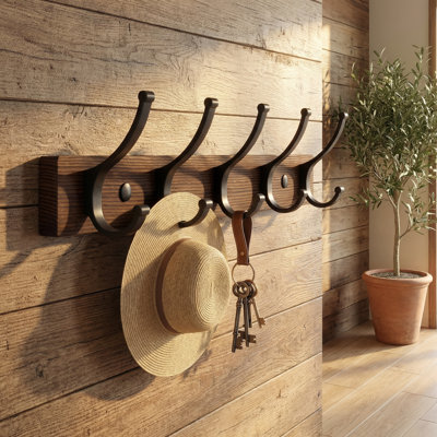 Wall Mounted Wooden Coat Rack, 16.5" Coat Hooks With 5 Hooks For Hanging Coats, Hats, Bags, Keys & Towels (1 Pack, Brown)