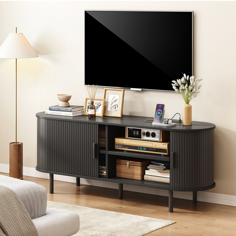 Meuble télé avec rangement et tablettes Jalonda, Noir, H 21,7 po x l 55,1 po x P 15,7 po
