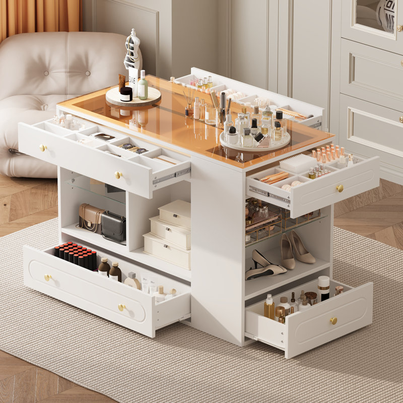 Clarity 6-Drawer Modern Closet Island With Glass Display Top And Open Shelves, White