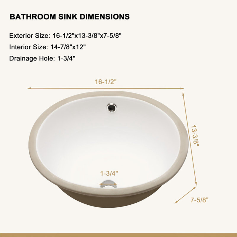 16.5"X13.4" White Ceramic Oval Undermount Bathroom Sink With Overflow