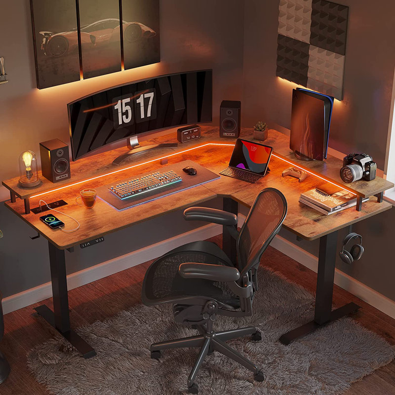 Marquila Adjustable L-Shaped Metal Base Standing Desk, Rustic/Black
