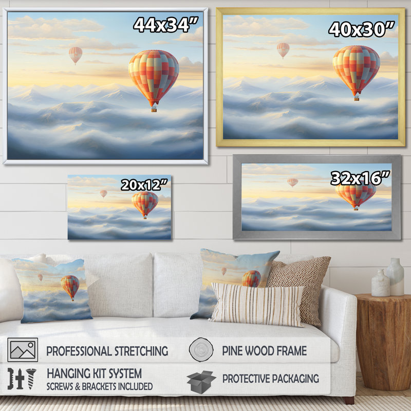Orange Hot Air Ballon Horizon I - Transportation Canvas Art Print, H 30 po x l 40 po x P 1,5 po, Encadrement doré
