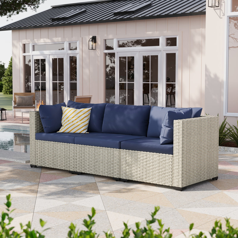 Canapé de patio en rotin 3 pièces avec coussins, Marine