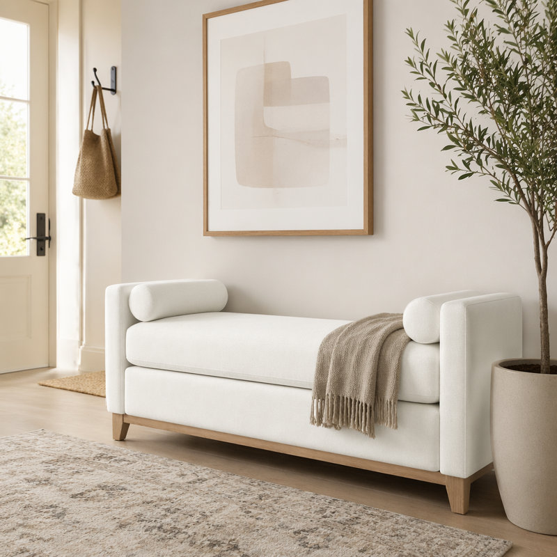 Banc rembourré en bois massif, 66,34 pouces, Beige + naturel