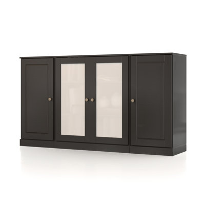 Buffet 100% bois massif 65 po avec portes en verre givré et tablettes réglables