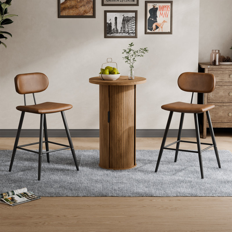 3-Piece Tambour Round Bar Table & Stools Set with Storage, Brown