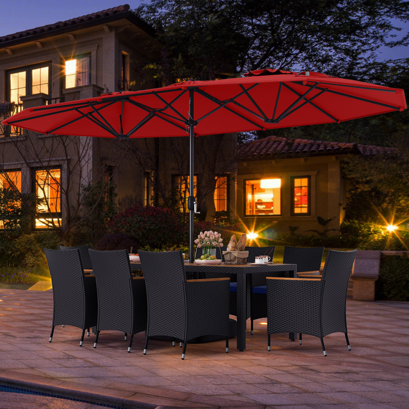 11 PCS Patio Wicker Dining Set with Double-Sided Outdoor Umbrella 8 Stackable Chairs, Navy, Red