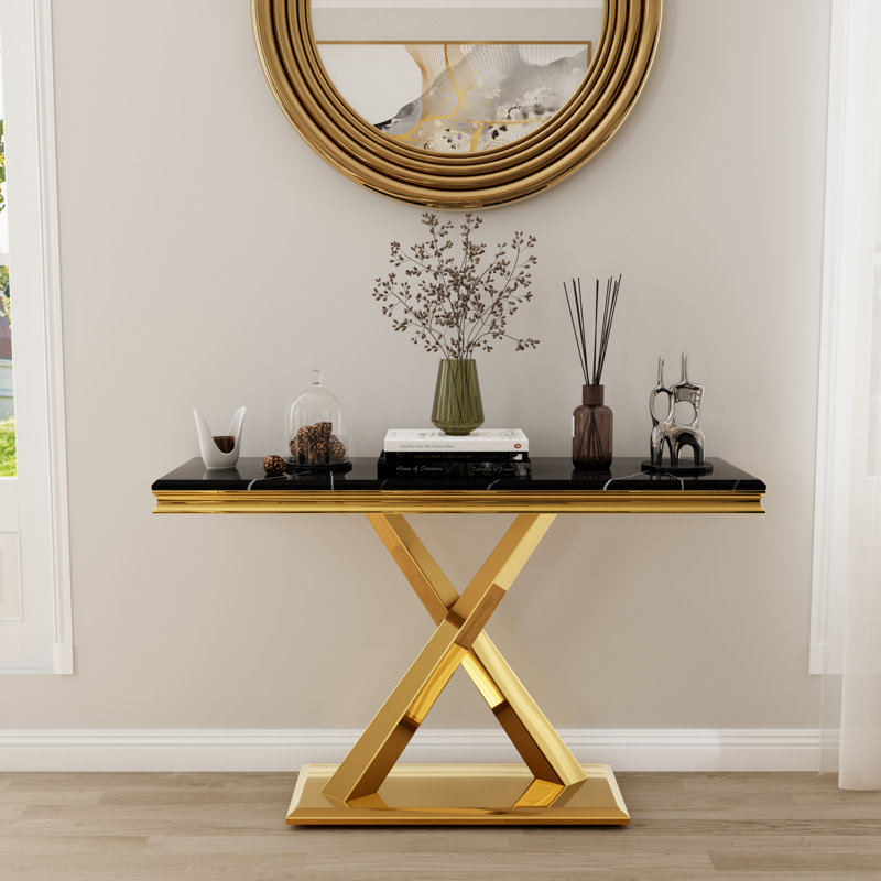 Black And Gold Console Table With X-Base