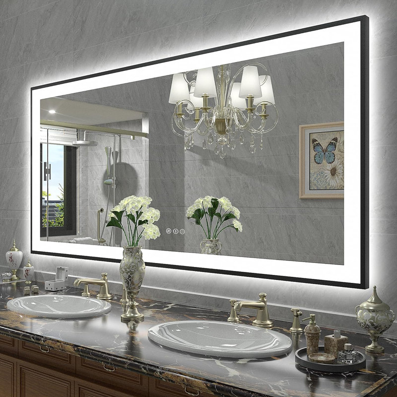 Black Aluminum Framed 72"x40" LED Bathroom Vanity Mirror