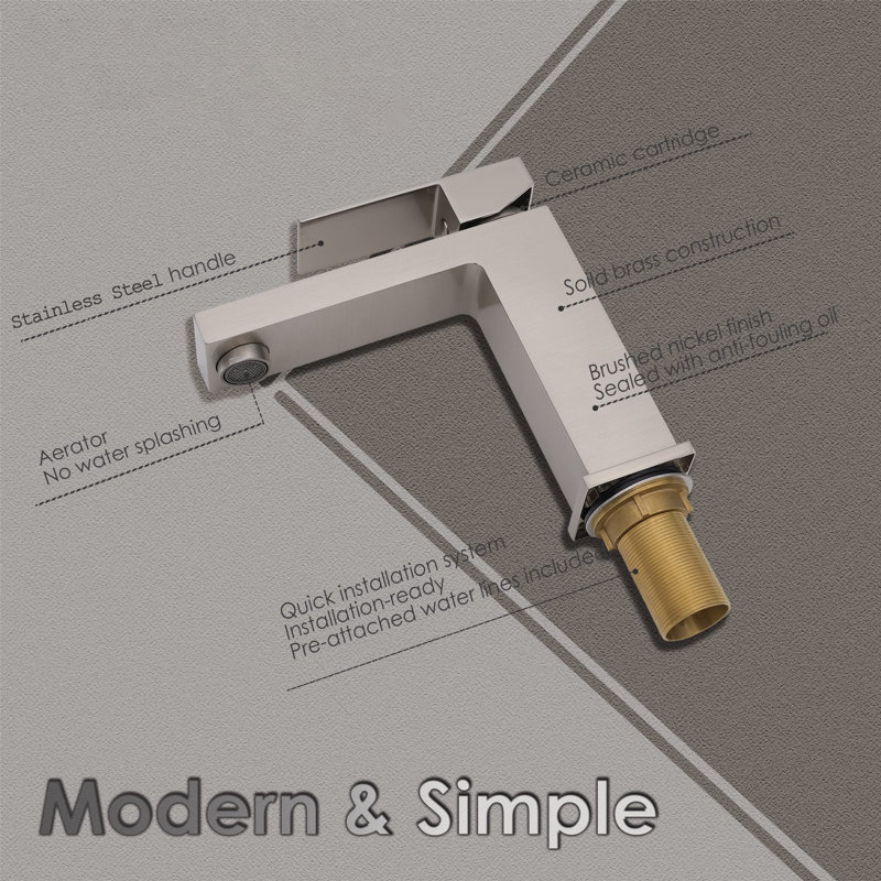 Robinet pour salle de bain à poignée simple avec drain, Nickel brossé