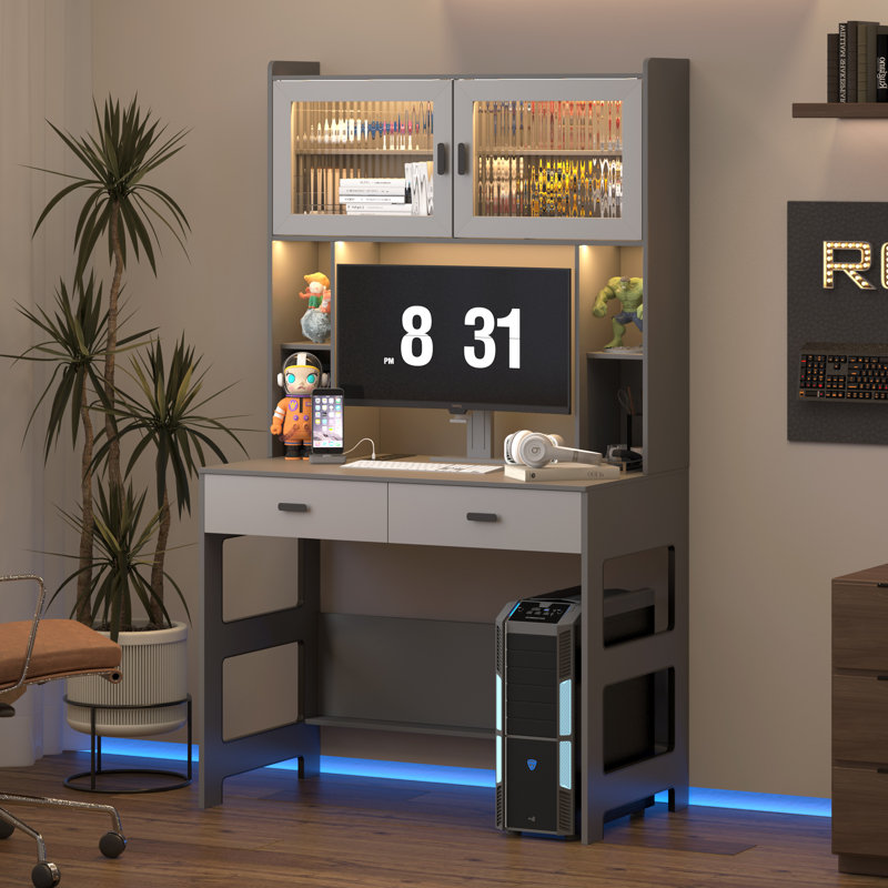 Bureau d'ordinateur l 40 po avec huche et armoire Shona, Gris foncé / Gris pâle