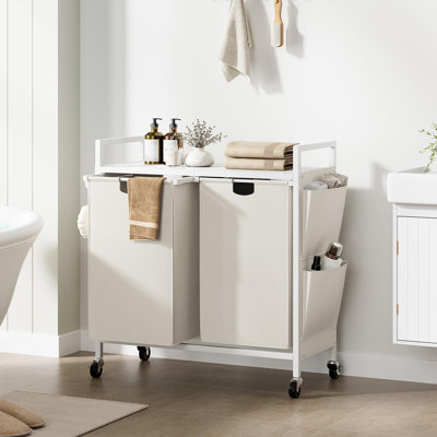Panier à linge double à roulettes, organisateur de panier à linge roulant, panier à linge à 2 compartiments avec couvercle, trieur à linge en fer avec étagère, sacs amovibles, grand espace de rangement pour vêtements, (blanc)