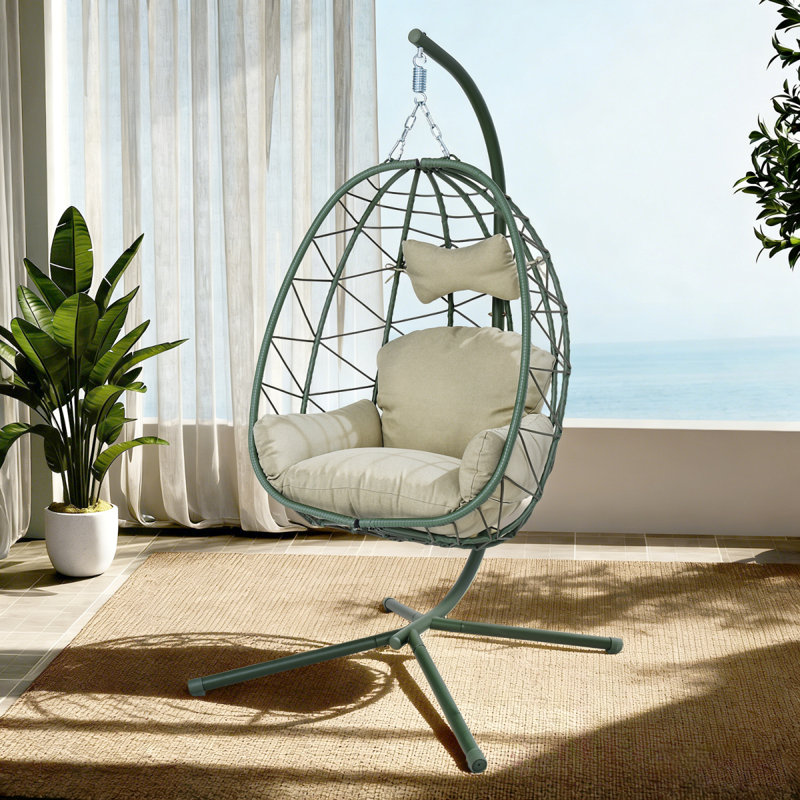 Fauteuil suspendu suspendu en osier avec support et coussin lavable pour patio, Cream, Green