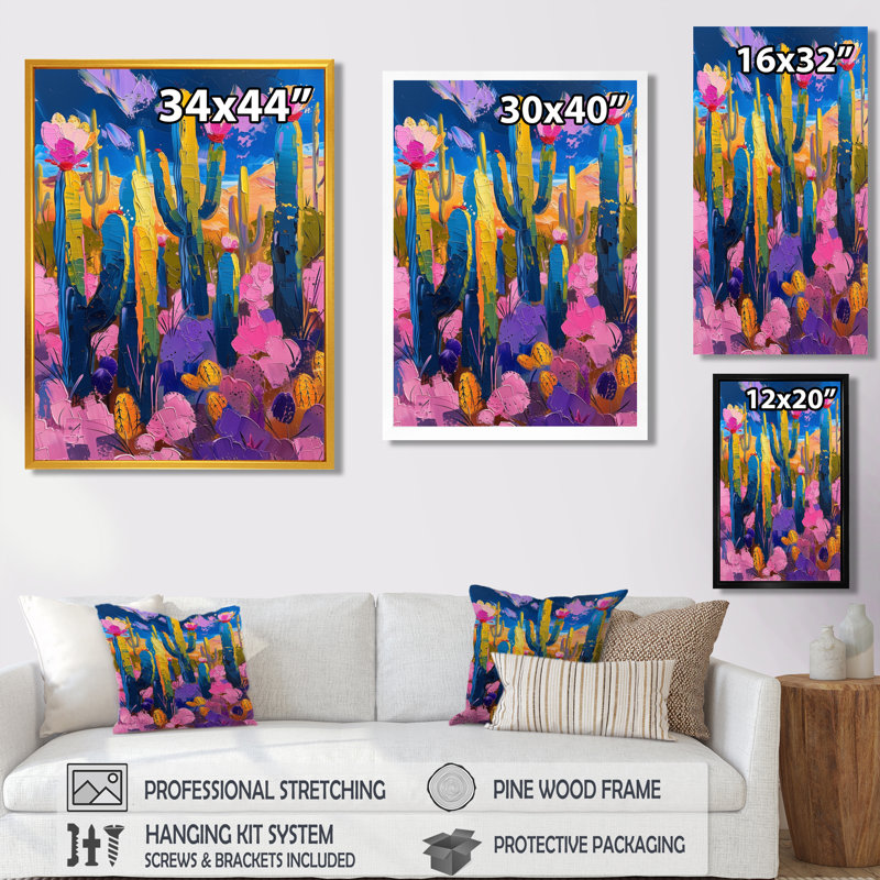 Cactus mauve et bleu, coucher de soleil Vibes III - Cactus floral, Toile argentée avec cadre flottant