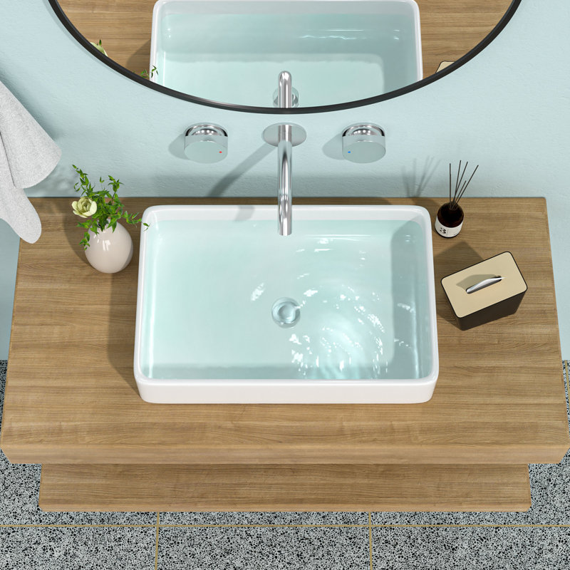 24"X16" White Ceramic Rectangular Vessel Bathroom Sink, White