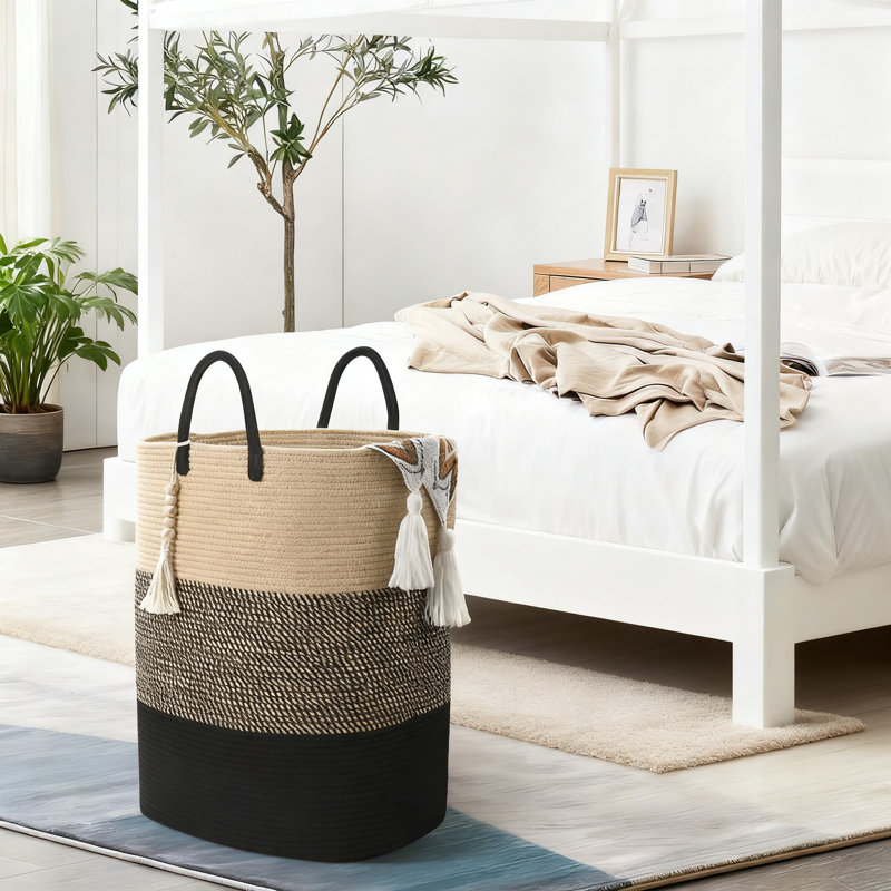 Woven Laundry Basket With Wooden Bead Tassel, Large Capacity Foldable Storage Hamper For Clothes, Toys And Home Organization, Durable Cotton Material For Bedroom And Nursery