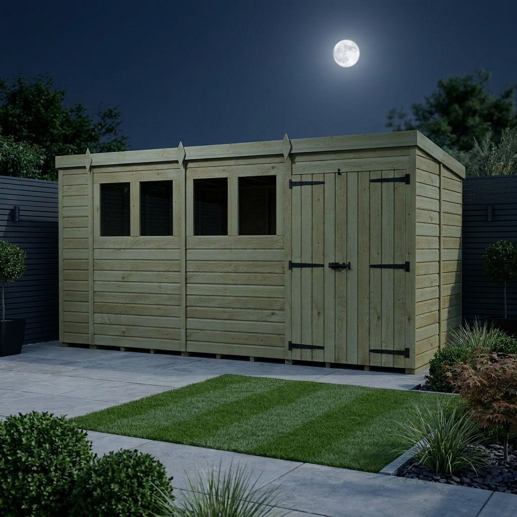 Total Sheds 15ft x 9ft Pent Garden Shed - Double Door - With Windows - Pressure Treated Timber - UK Manufactured