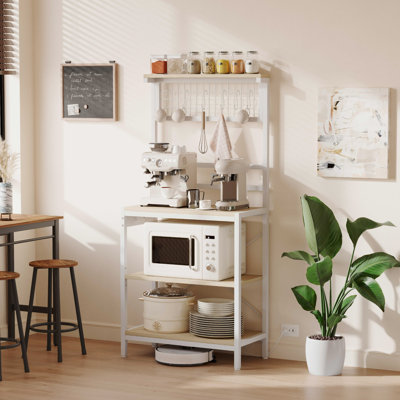 Étagère Bakers avec prise de courant, support pour micro-ondes avec 6 crochets, station de café à 4 niveaux avec pieds réglables, étagère de rangement de cuisine avec tablettes réglables pour épices, casseroles et poêles