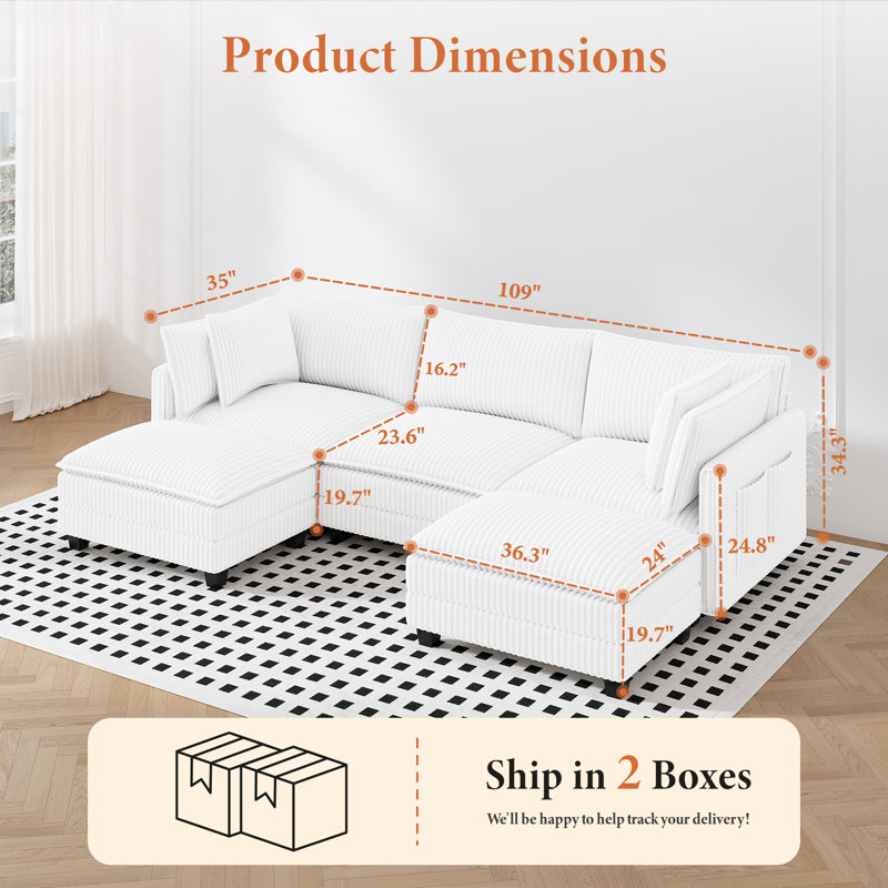 109" U Shaped Cloud Modular Sofa With 2 Ottomans, White Corduroy
