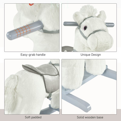 Cheval à bascule en peluche pour enfants avec ours en peluche, peluche douce et sons réalistes pour s'amuser et développer l'enfant, blanc