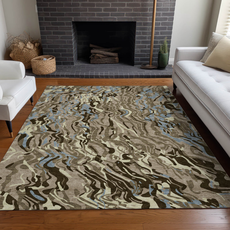 Taupe and Blue Synthetic Washable Non-slip Rectangular Rug