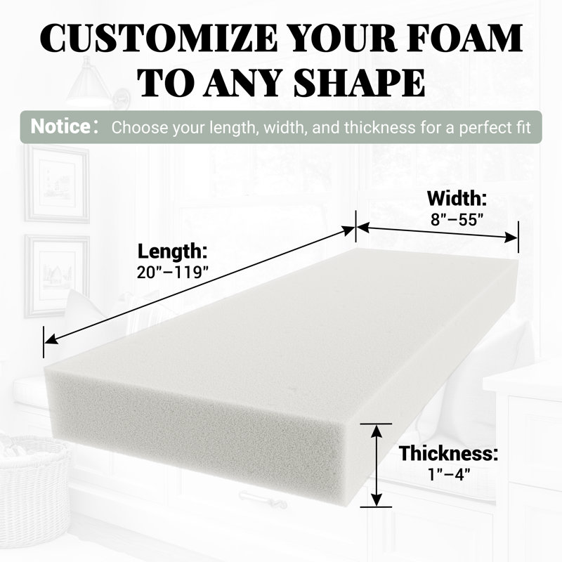 1''-4'' H Customizable Premium 70D High-Resilience Foam for Seat Cushion, 1", 66" W x 30" D
