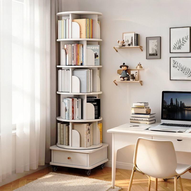 Bibliothèque rotative à 6 niveaux, bibliothèque rotative à 360 ° avec roulettes et tiroir, peu encombrante, petite bibliothèque rotative pour chambre à coucher, salon, maison, bureau