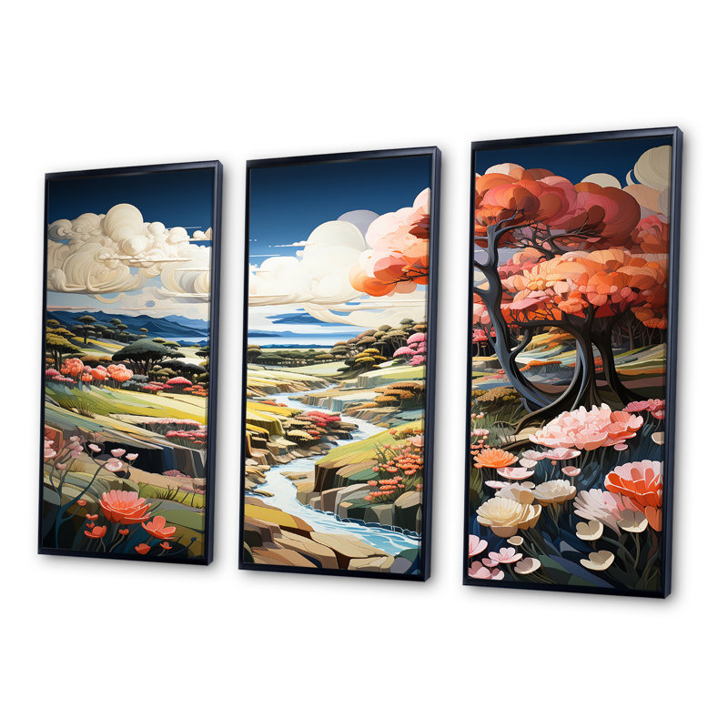 «Japanese Golf Course Landscape Harmony I - River Decor», art mural sur toile, Cadre flottant noir