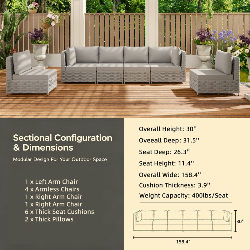 Ensemble de conversation pour l'extérieur 6 personnes avec coussins, Gris clair, Gris clair