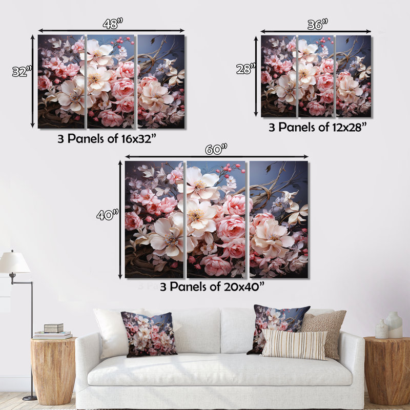 Couronne rose, impression romantique IV, 3 pièces, H 32 po x l 48 po x P 1 po