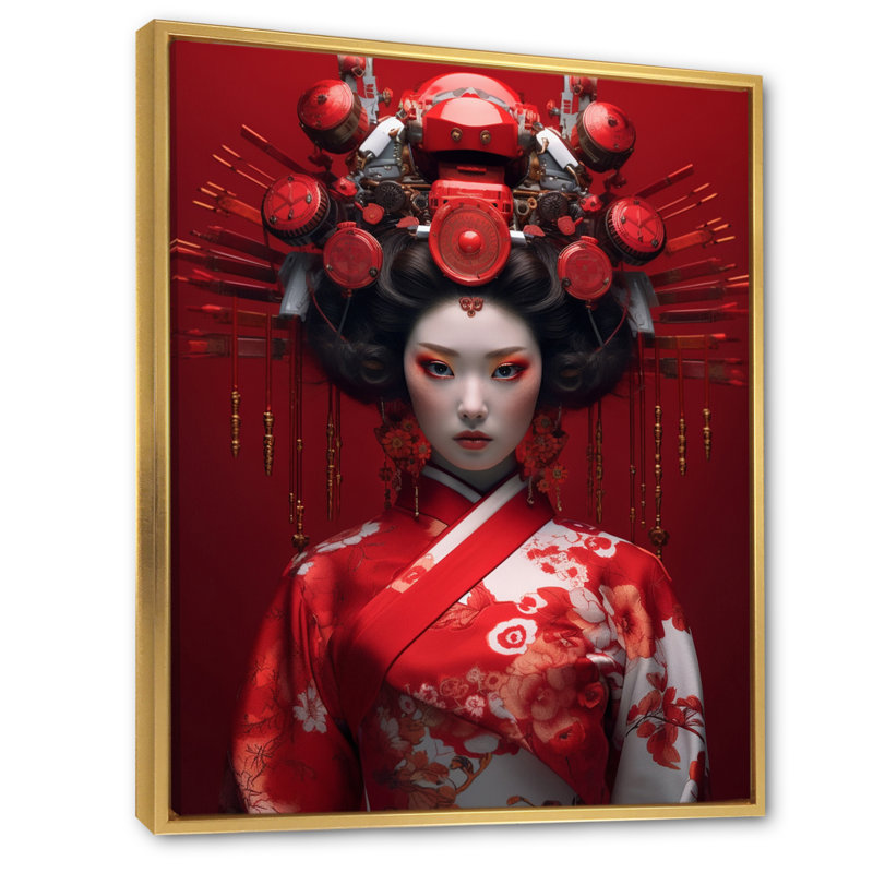 Geisha japonaise futuriste I - impression, H 44 po x l 34 po x P 1,5 po, Cadre flottant doré