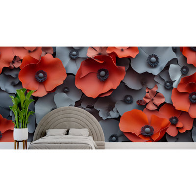 Papier peint coquelicot moderne rouge et gris moderne - décoration murale floral 3D pour mur de chambre à coucher, de couloir ou de bureau - motif floral contemporain audacieux