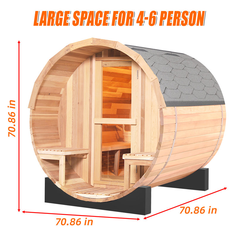 DUTHSS 6'*6' Outdoor Barrel Sauna,Canadian Hemlock Wooden Sauna Kit with Porch,TOULE 6KW Electric Stove for 4-6 person
