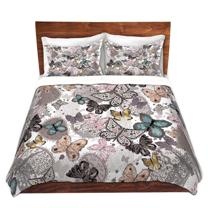 Ensemble de housse de couette papillons, 1 housse de couette grand + 2 taies standards, Brun / Blanc