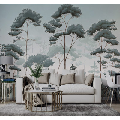 Blue Green Nordic Forest Wall Mural | Moody Pine Trees Landscape Wallpaper | Non-Woven or Peel and Stick