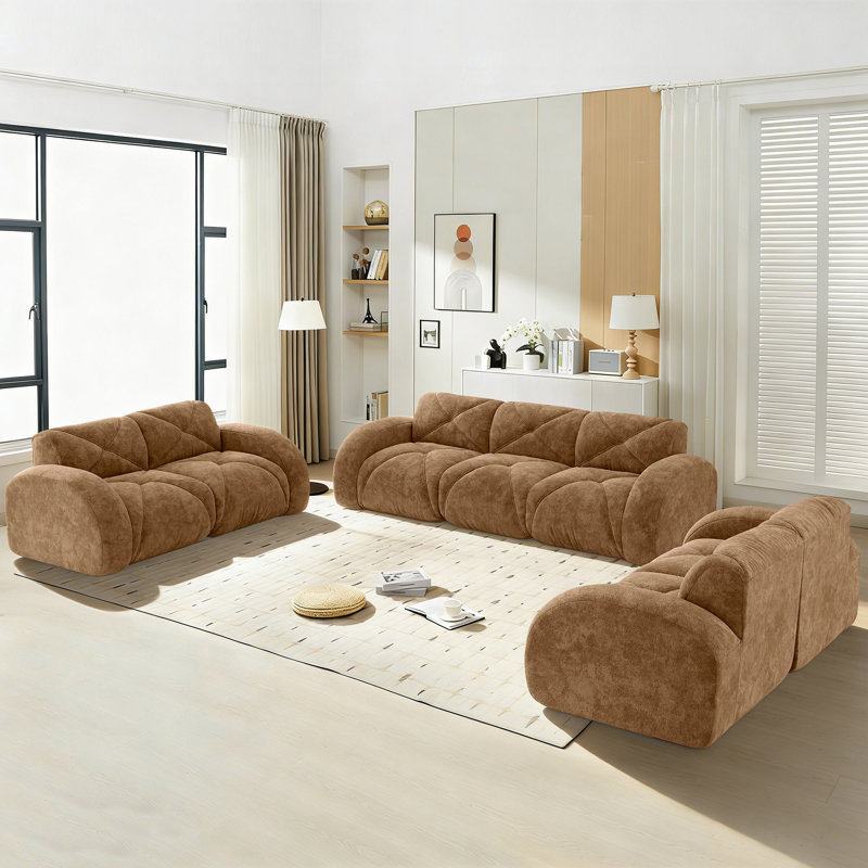 3-Piece Living Room Set For 7-Seater, Soft Velvet Sofa Couch With Deep Seat, Camel
