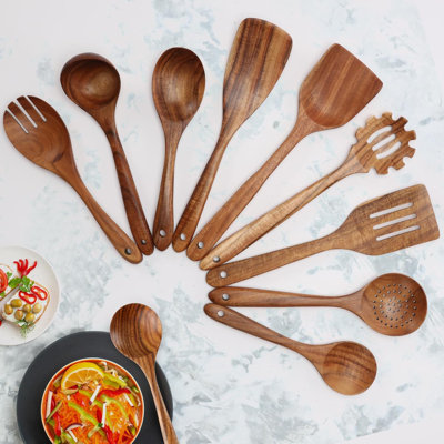 Zulay Kitchen 9-piece Teak Wooden Utensils For Cooking - Natural Teak Utensil Set With Premium Gift Box - Non-stick Wooden Spoons For Cooking