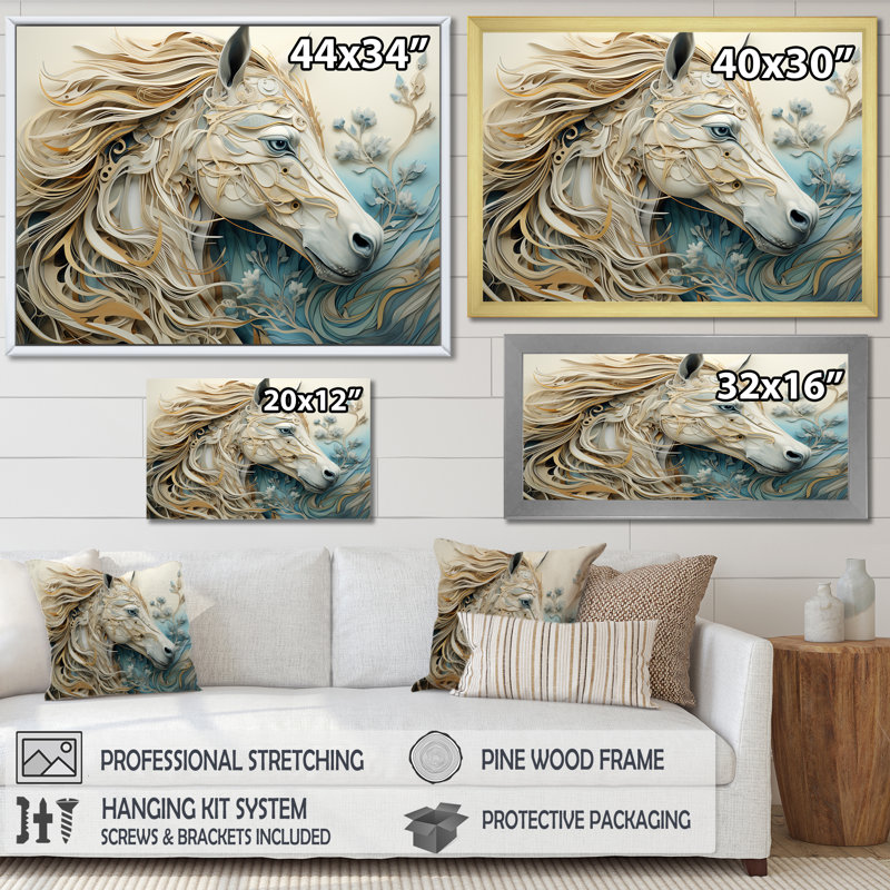 Portrait de cheval minimal bleu et blanc - impressions d'art murales de chevaux, Toile tendue, H 30 po x l 40 po