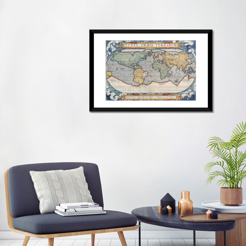 Carte antique du monde 1570, impression sur toile, H 24 po x l 32 po x P 1 po, Papier d'art encadré noir, Blanc