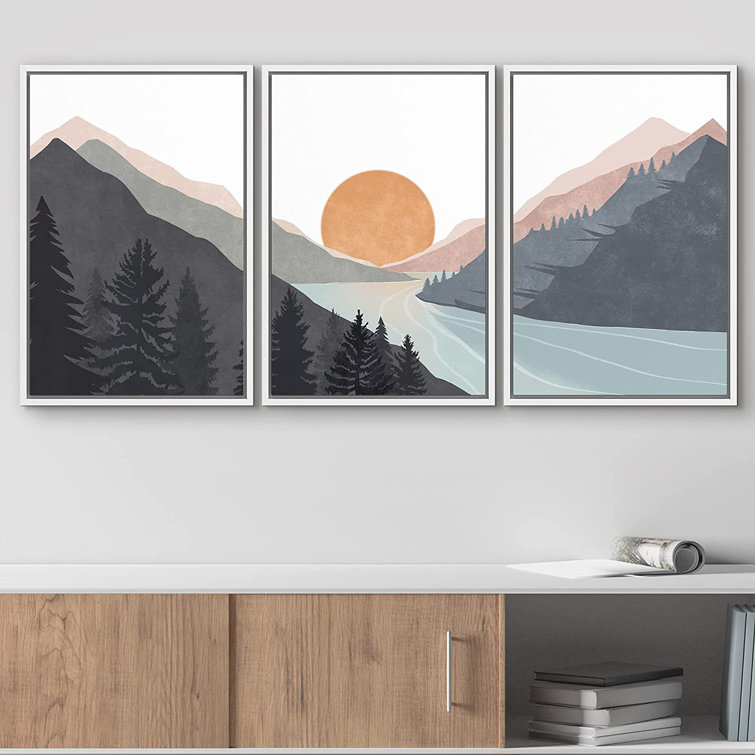 Sun Mountain Landscape Range Abstract Lake Nature Wall Art Decor Framed Canvas 3 Pieces Print Set