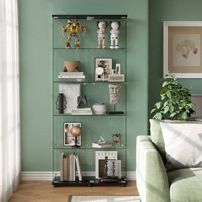 Vitrine en verre avec portes doubles à 5 tablettes et serrure, bibliothèque sur pied en verre trempé de 5 mm pour le salon, la chambre à coucher, le bureau, 72 po x 32 po x 14 po, noir