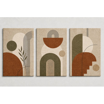Large Set of 3 Retro Geometric Canvas Wall Art Mid Century Abstract Shapes Artwork for Bedroom Office Decor 16x24 Inch Frameless Canvas Print - Ready