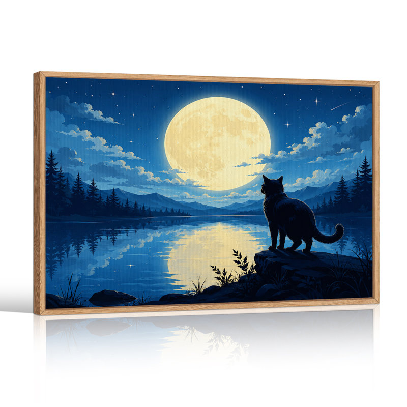 Silhouette, chat regardant la pleine lune sur un lac, art mural d'Halloween, H 36 po x l 48 po